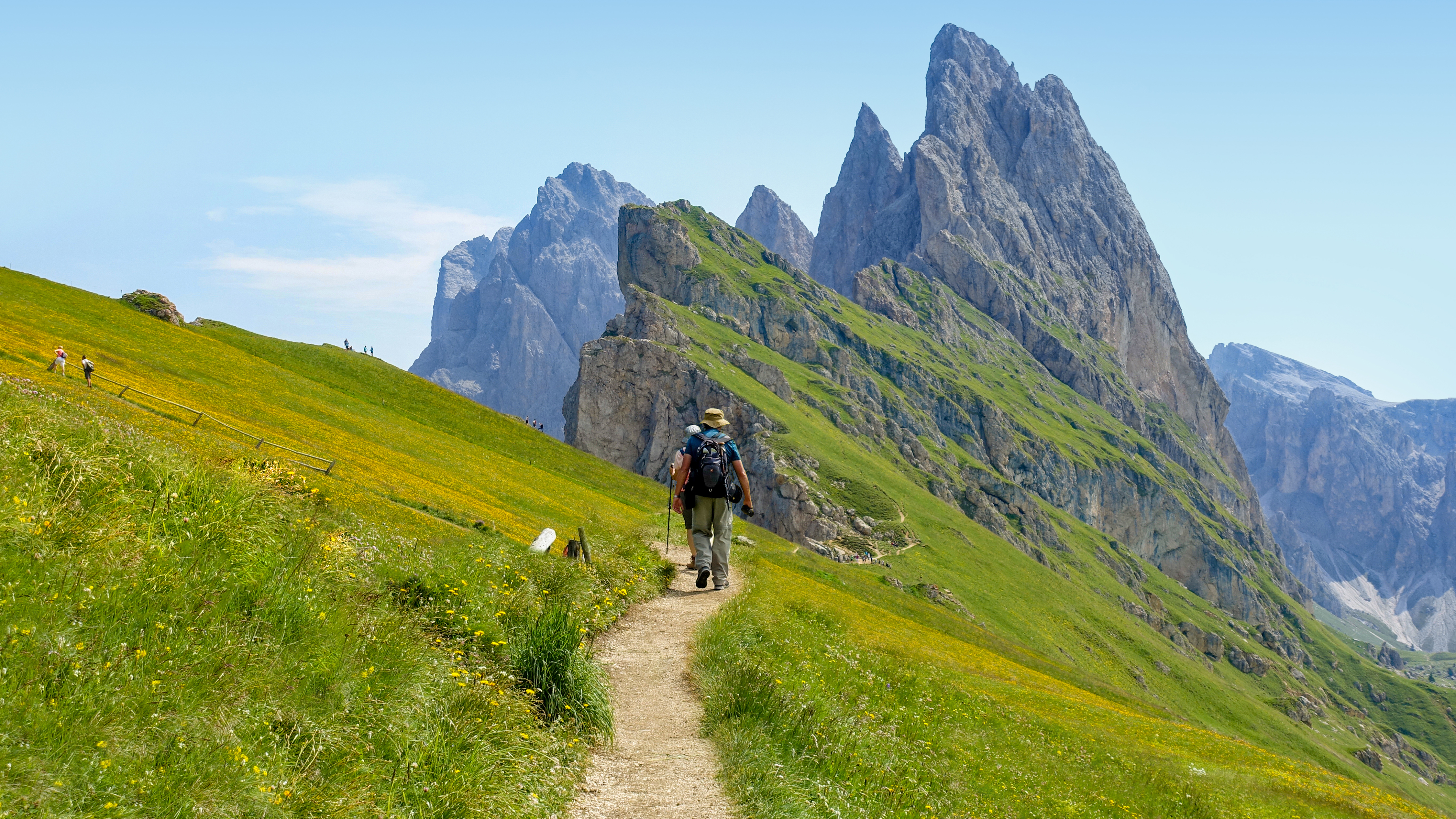 Hiking path along the Seceda ridgeline in Italy's Dolomites.